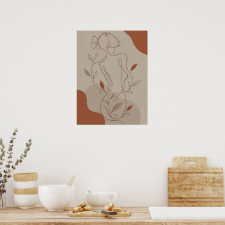 Poster Silhueta Feminina Boho Abstrata e Sha em Tom Terro