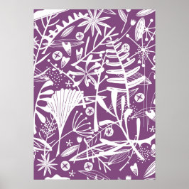 Poster Silhueta Floral Púrpura Botânica e Branco