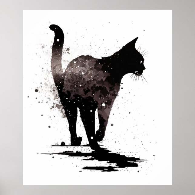 Poster Silhueta Gato Andando Preto em Branco (Frente)