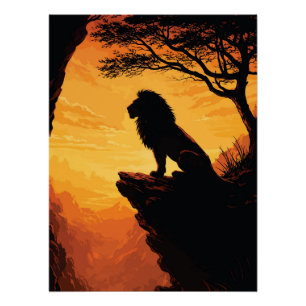 Póster Silhueta Majestosa de Leão ao Pôr do Sol na Falési