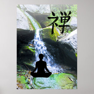 Póster Silhueta Meditating pela cachoeira