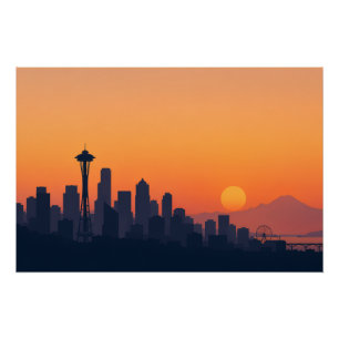 Póster Silhueta Minimalista de Seattle ao Pôr do Sol Mode