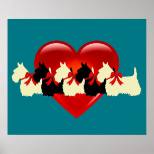 Póster silhueta preta/branca de Terrier Escocês com coraç