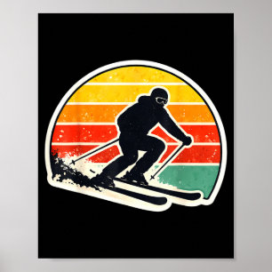 Poster Silhueta retrô de esquiador ao pôr do sol vintage 