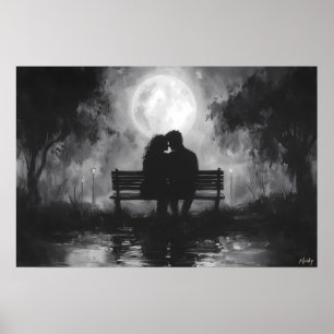 Poster Silhueta Romântica ao Luar num Banco do Parque