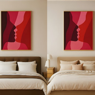 Poster Silhuetas Abstratas de Beijo em Vermelho e Magenta
