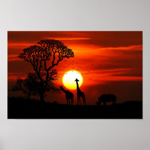 Póster Silhuetas africanas do animal do por do sol do