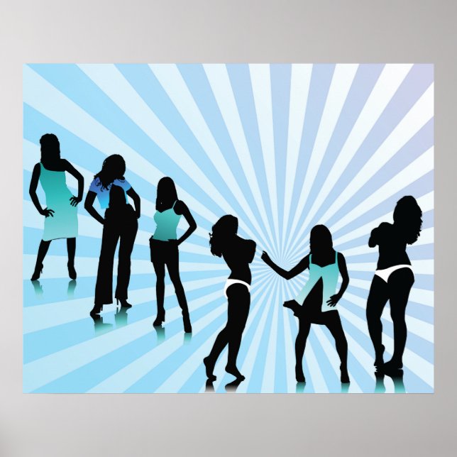 Poster Silhuetas de Mulheres Elegantes Azul Turquesa Moda (Frente)