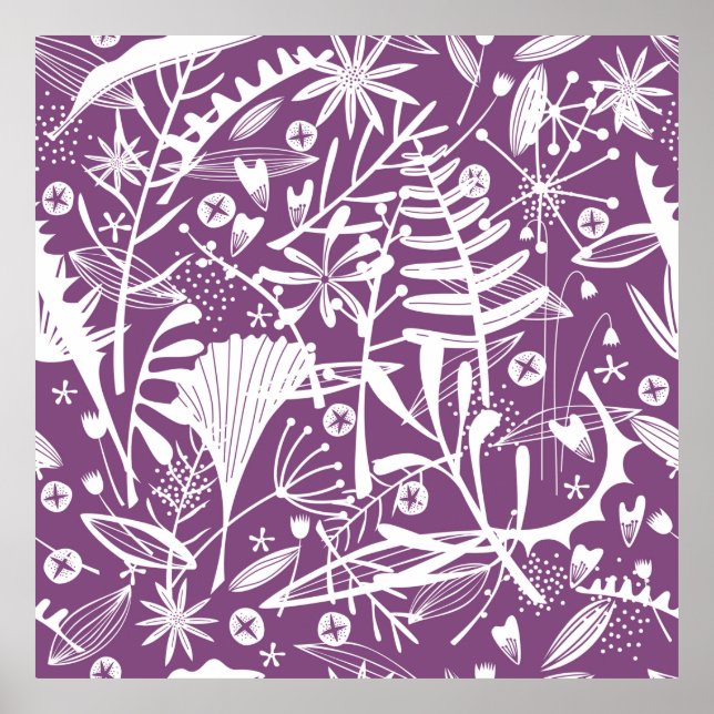 Poster Silhuetas Florais Botânicas Roxo e Branco (Frente)
