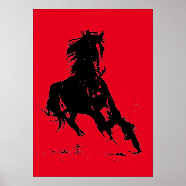 Poster Silhuette de Cavalo Corrente de Pop Vermelho Negro (Frente)
