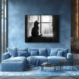 Poster Silhuette of a Cat by the Window in Moonlight