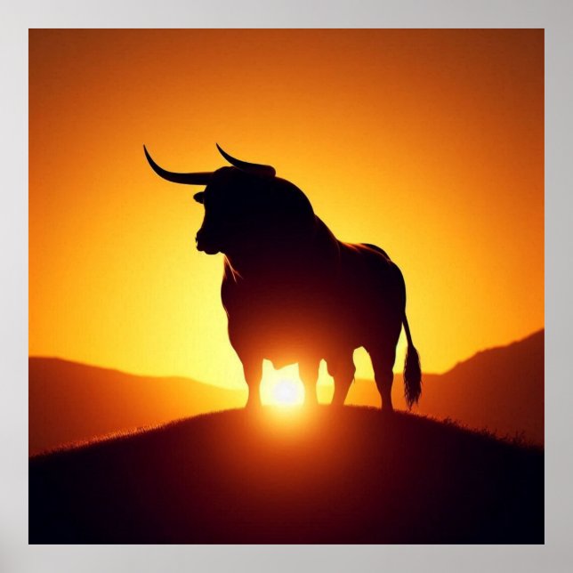 Poster Silhuette of Bull and Sunset (Frente)