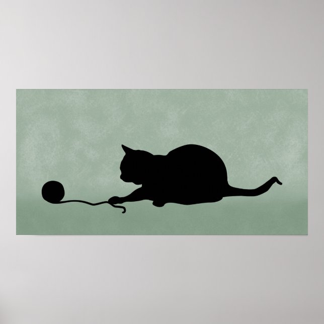 Poster Silhuette of Cat at Play Black on Muted Green (Frente)
