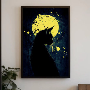 Poster Silhute de Gato Negro em Lua Amarela