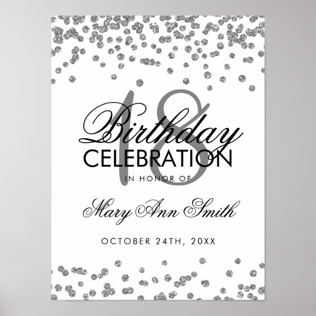Poster Silver 18º Aniversário Faux Glitter Confetti White (Frente)