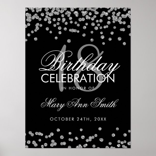Poster Silver 18. Aniversário Faux Glitter Confetti Black (Frente)