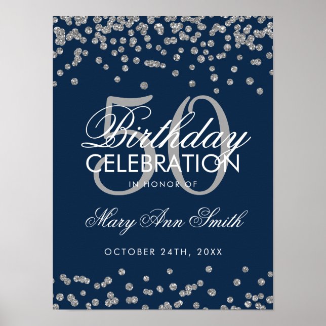 Poster Silver 50º aniversário Glitter Confetti Marinho Az (Frente)
