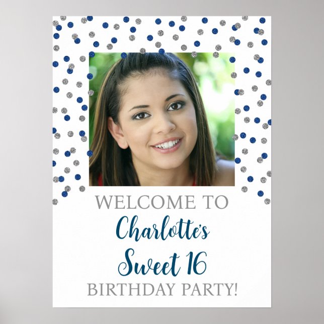 Poster Silver Blue Sweet 16 Aniversário 18x24 Foto (Frente)