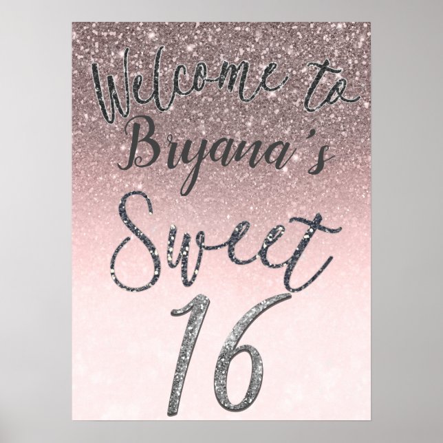 Poster Silver & Blush Glitter Bem-vindo Sinal de Festa 16 (Frente)