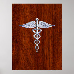 Póster Silver Como Caduceus Símbolo Médico Mahogany Impre
