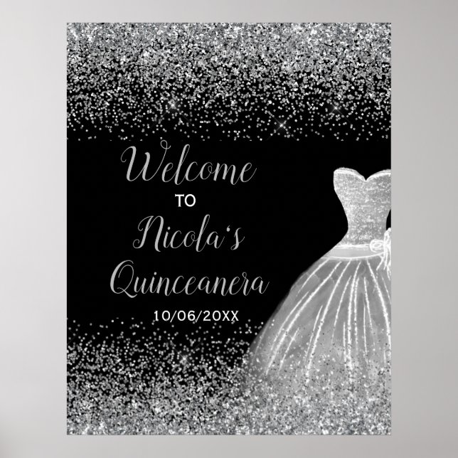 Poster Silver Dress Faux Glitter Quinceanera Boas-vindas (Frente)