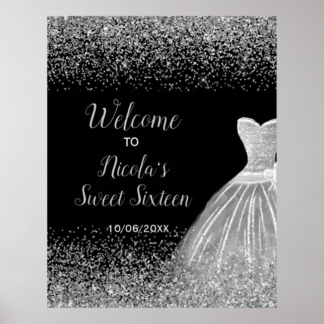 Poster Silver Dress Faux Glitter Sweet 16 Welcome (Frente)