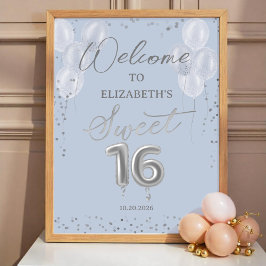 Poster Silver Foil Sweet 16 Balões Azul Sinal de Boas-vin