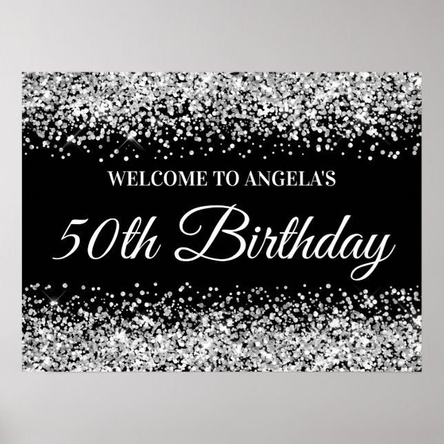 Poster Silver Glitter Black 50th Birthday Bem-vindo (Frente)