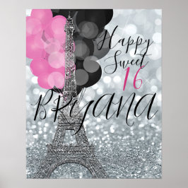 Poster Silver Glitter e Balões Paris Partido Torre Eiffel