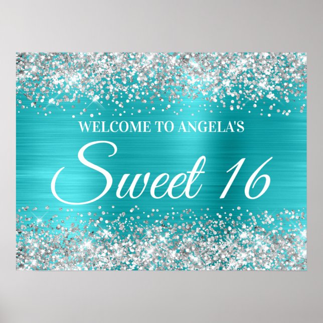 Poster Silver Glitter Turquoise Blue Sweet 16 Boas-vindas (Frente)