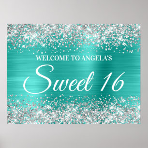 Poster Silver Glitter Turquoise Sweet 16 Welcome