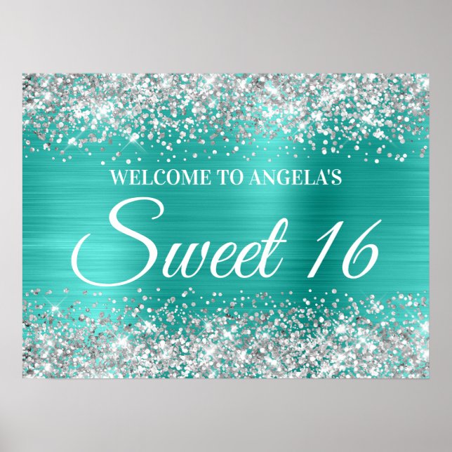 Poster Silver Glitter Turquoise Sweet 16 Welcome (Frente)
