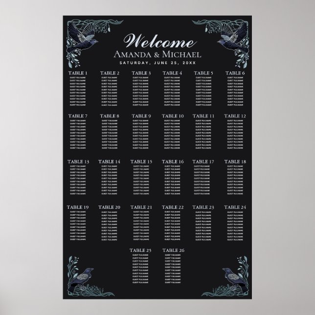 Poster Silver Gothic Raven Wedding Seating Chart (Frente)