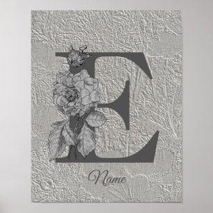 Poster Silver Peony Elegant Monograma Inicial E Seu Nome 