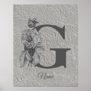 Poster Silver Peony Eleger Monograma Inicial G Seu Nome