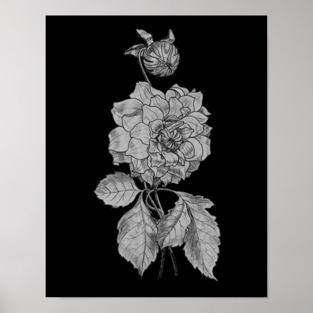 Póster Silver Peony Sobre Arte Floral Negra (Frente)