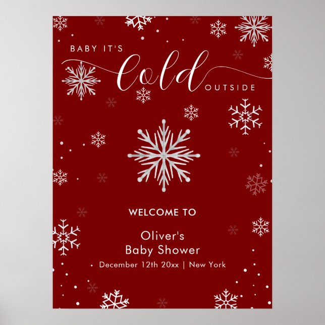 Poster Silver Red Magical Snowflake Baby Shower Welcome  (Frente)