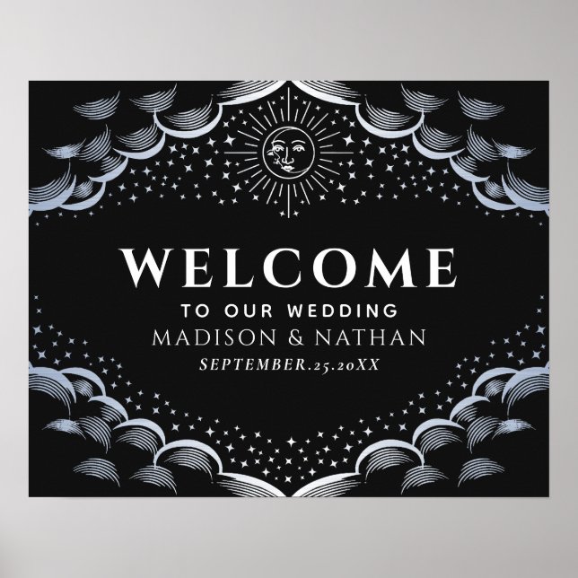 Poster Silver Sun & Moon Tarot Card Wedding Welcome Sign (Frente)