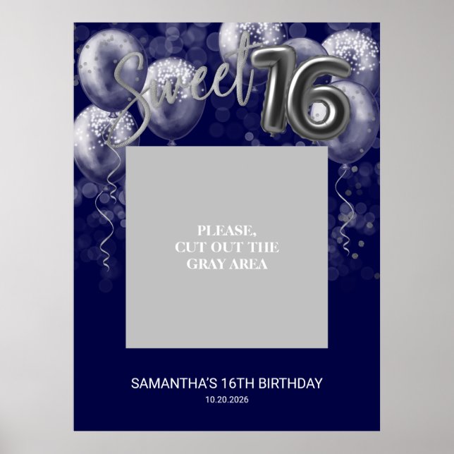 Poster Silver Sweet 16 Balões Foto Prop Royal Blue (Frente)