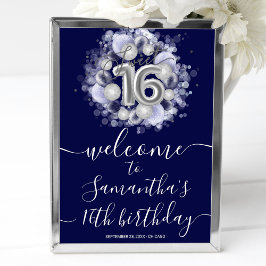 Poster Silver Sweet 16 Bday Balloons Blue Welcome Sinal