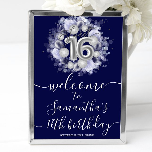 Poster Silver Sweet 16 Bday Balloons Blue Welcome Sinal (Criador carregado)
