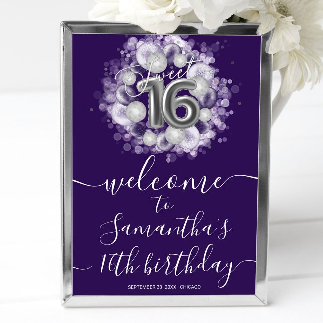 Poster Silver Sweet 16 Bday Balloons Purple Sinal de Boas (Criador carregado)