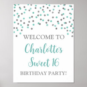 Poster Silver Turquoise Sweet 16 Aniversário Personalizad