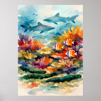 Poster Simbiose do Recife de Coral Arte em Aquarela