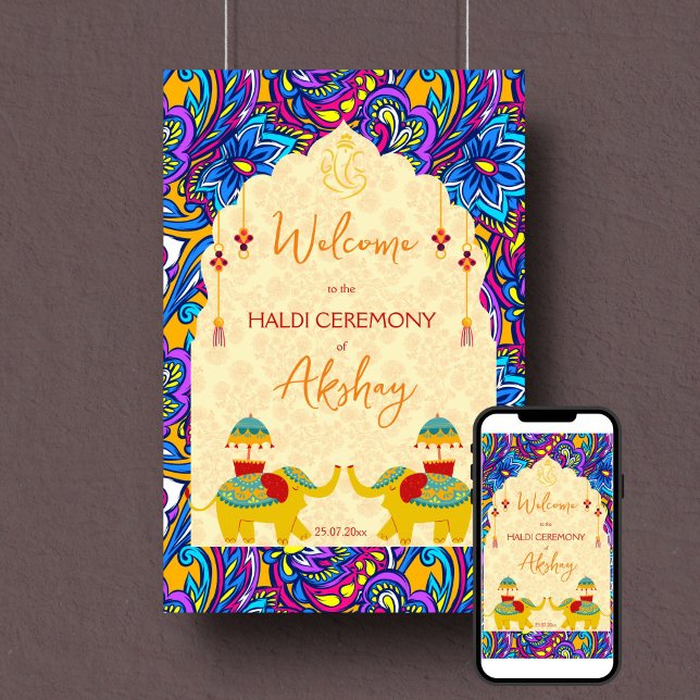 Poster Símbolo azul de boas-vindas ao nativo Haldi (Haldi welcome sign poster instant download yellow Indian wedding elephants blue oriental pattern)