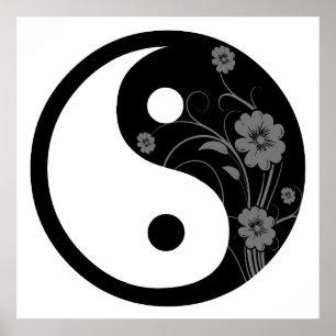 Póster Símbolo Black Floral Yin Yang