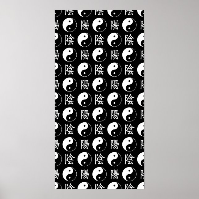 Poster Símbolo Black Yinyang - Padrão de Texto Chinês (Frente)