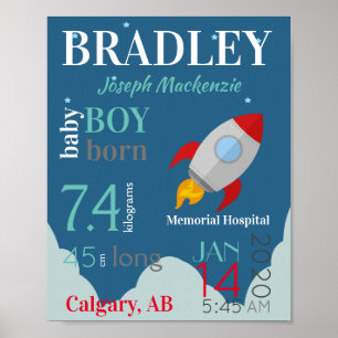 Poster Símbolo Blue Baby Birth Stats com Foguete Vermelh
