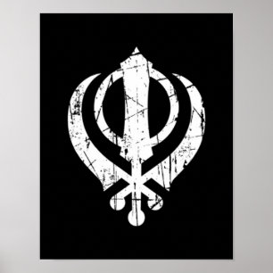 Poster Símbolo branco riscado de Khanda do sikh no preto