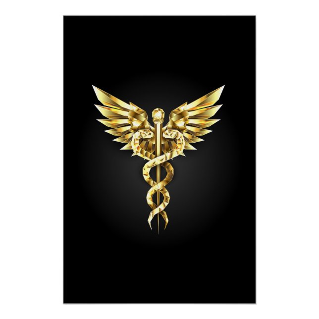 Póster Símbolo Caduceu Poligonal Dourado (Frente)